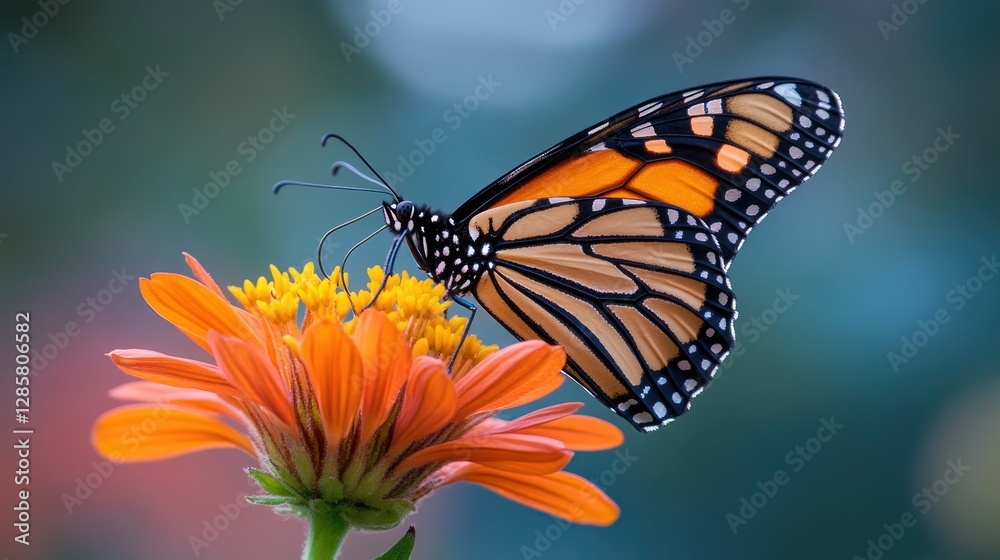 Fototapeta premium Monarch butterfly on orange flower, soft focus background