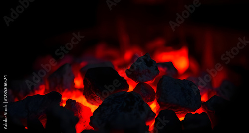 Red-hot embers glowing in darkness background. Charcoal remains radiating soft heat