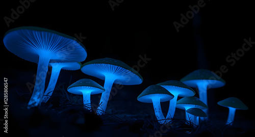 Glowing mushrooms in a dark forest background. Bioluminescent fungi casting an eerie blue glow photo