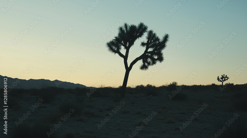 Silhouette of solitary joshua tree in arid desert landscape during sunset.
