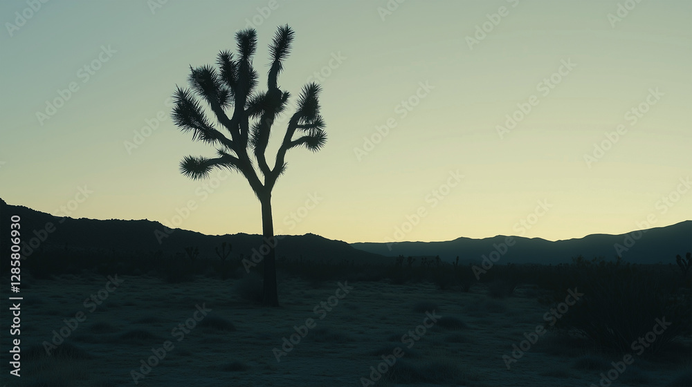 Silhouette of solitary joshua tree in arid desert landscape during sunset.