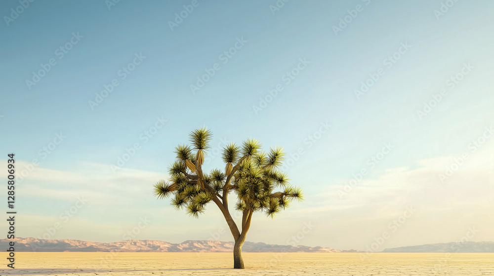 Obraz premium Solitary joshua tree in arid desert landscape on sunny day with blue sky.