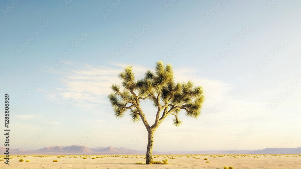 Solitary joshua tree in arid desert landscape on sunny day with blue sky.