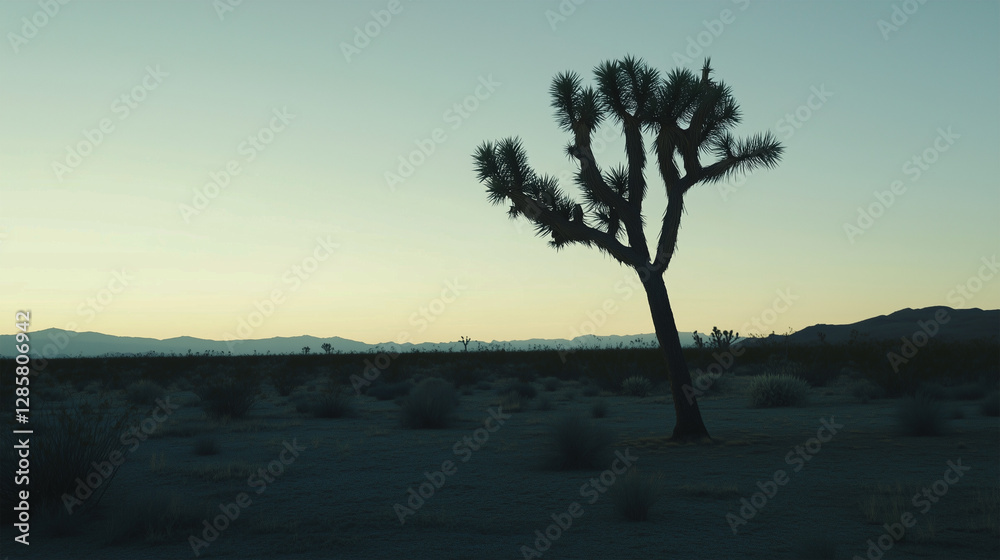 Silhouette of solitary joshua tree in arid desert landscape during sunset.