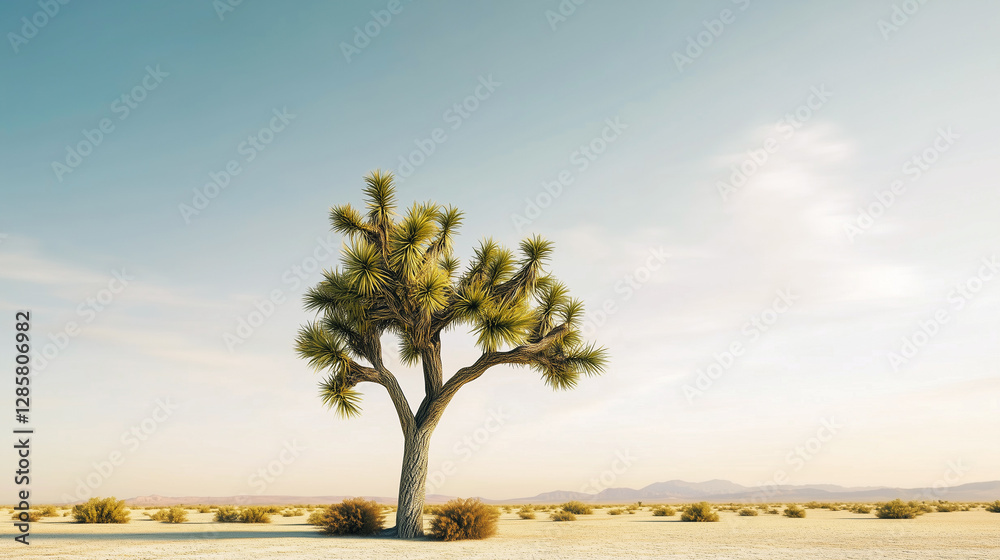 Solitary joshua tree in arid desert landscape on sunny day with blue sky.