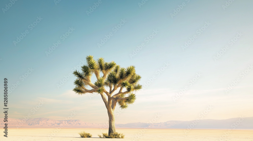 Solitary joshua tree in arid desert landscape on sunny day with blue sky.