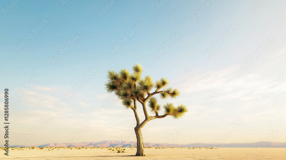 Solitary joshua tree in arid desert landscape on sunny day with blue sky.