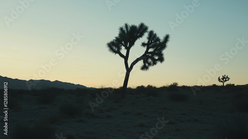 Obraz na płótnie Silhouette of solitary joshua tree in arid desert landscape during sunset. w salonie