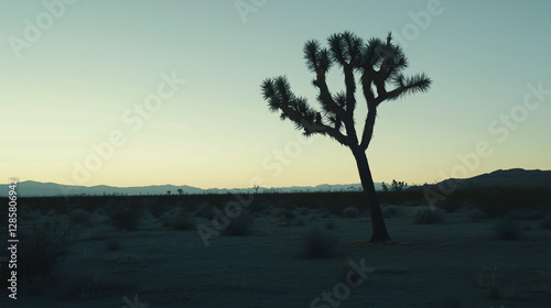 Obraz na płótnie Silhouette of solitary joshua tree in arid desert landscape during sunset. w salonie