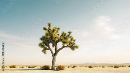 Obraz na płótnie Solitary joshua tree in arid desert landscape on sunny day with blue sky. w salonie