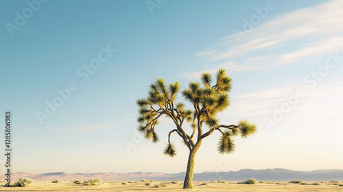 Obraz na płótnie Solitary joshua tree in arid desert landscape on sunny day with blue sky. w salonie