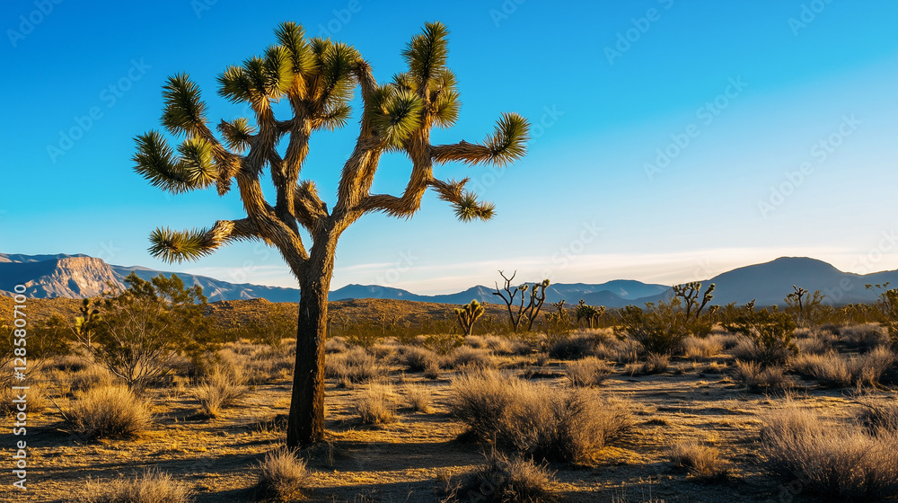 Solitary joshua tree in arid landscape with blue sky during golden hour.