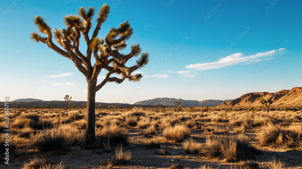 Solitary joshua tree in arid landscape with blue sky during golden hour.