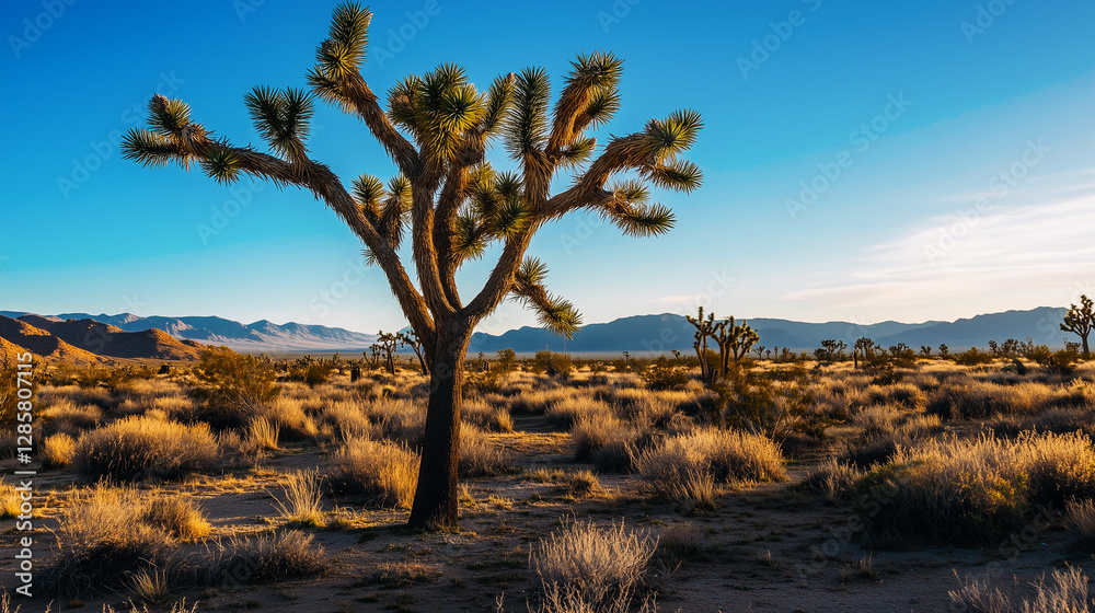 Solitary joshua tree in arid landscape with blue sky during golden hour.