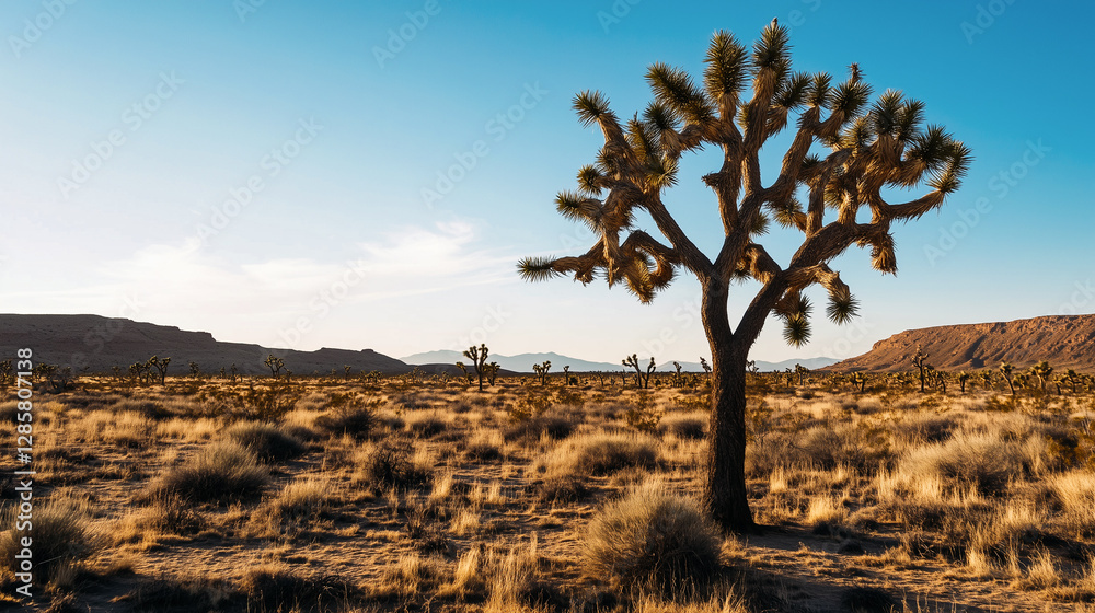 Solitary joshua tree in arid landscape with blue sky during golden hour.