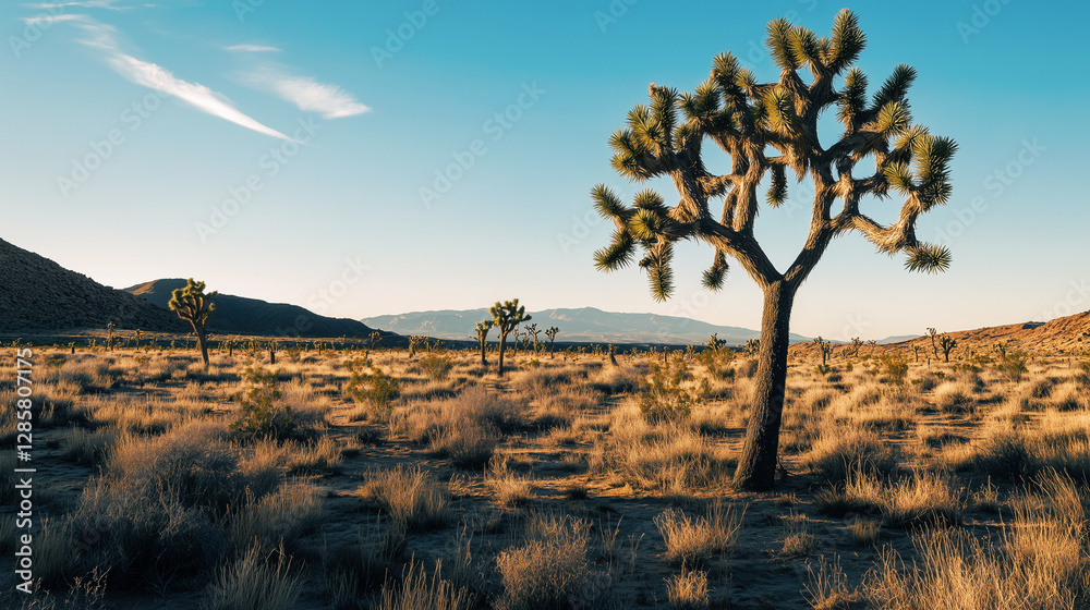 Solitary joshua tree in arid landscape with blue sky during golden hour.
