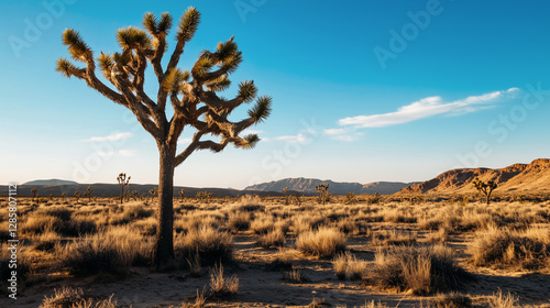 Obraz na płótnie Solitary joshua tree in arid landscape with blue sky during golden hour. w salonie