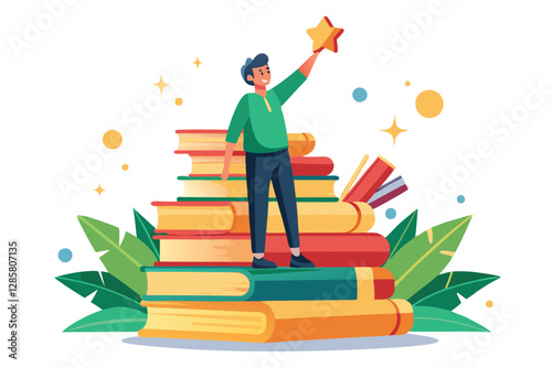 A person precariously balanced atop a towering stack of books, reaching for something unseen above.