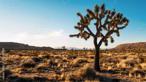 Obraz na płótnie Solitary joshua tree in arid landscape with blue sky during golden hour. w salonie