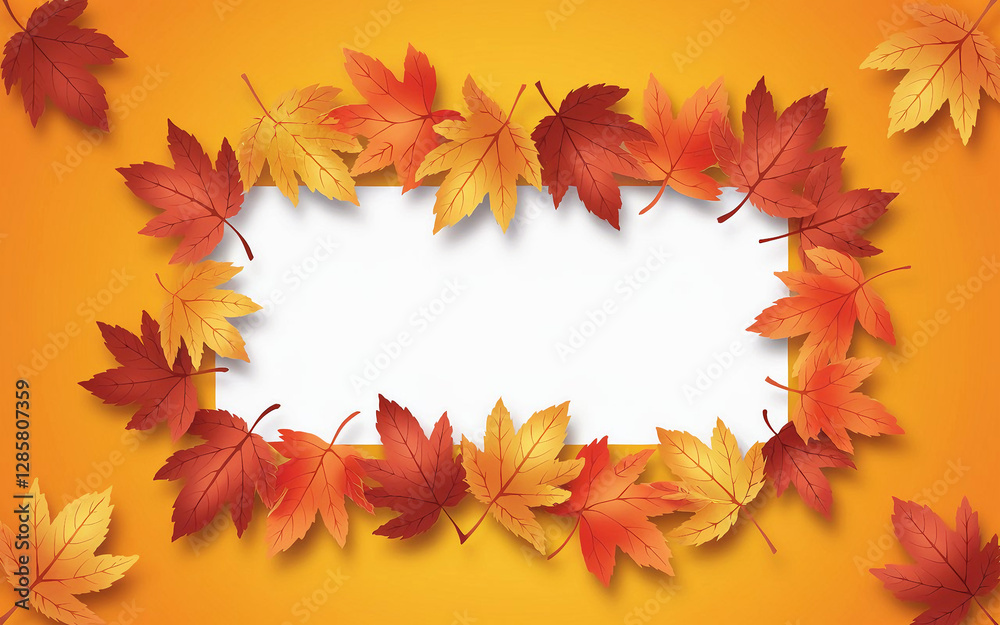 a blank white rectangle in the center, surrounded by a variety of vibrant autumn leaves in shades of red, orange, and yellow, scattered on a bright orange background. a blank white rectangle in the center, surrounded by a variety of vibrant autumn leaves in shades of red, orange, and yellow, scattered on a bright orange background.