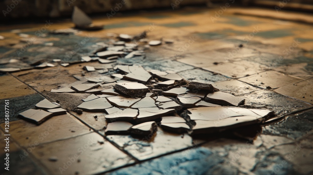 Naklejka premium Shattered Past, A Close-Up of Broken Tiles Reflecting Decay and Neglect