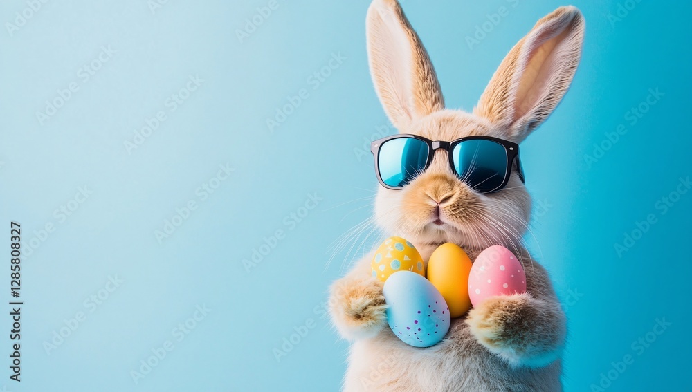 Fototapeta premium Cute white Easter bunny wearing stylish sunglasses, perfect for Easter and spring celebrations