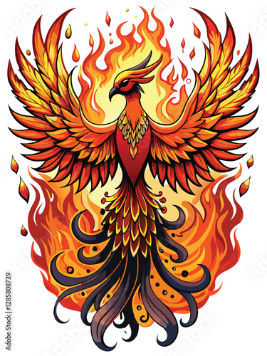 A majestic phoenix, wings ablaze, rises from a bed of glowing embers and ash, its fiery plumage illuminating the dark sky.