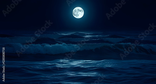 Moonlit ocean waves background. Dark blue water reflecting silver moonlight, soft foam