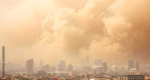 Giant sandstorm engulfing a desert city background. Towering dust clouds swallowing buildings