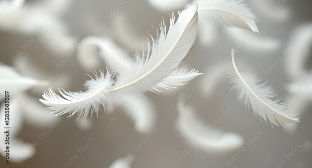 Fototapeta premium Floating feathers in slow motion background. Soft white plumes suspended midair
