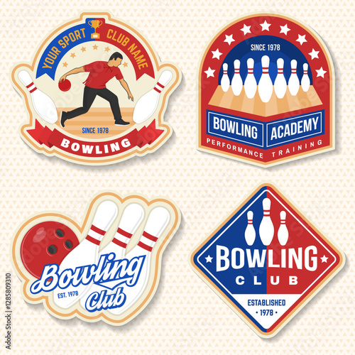 Bowling sports club stickers, logos, badges design. Vintage design with bowling pins and ball silhouette. Vector.