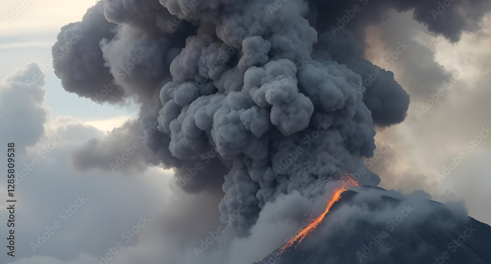 Fototapeta premium Volcanic ash cloud background. Billowing dark smoke, glowing ember sparks
