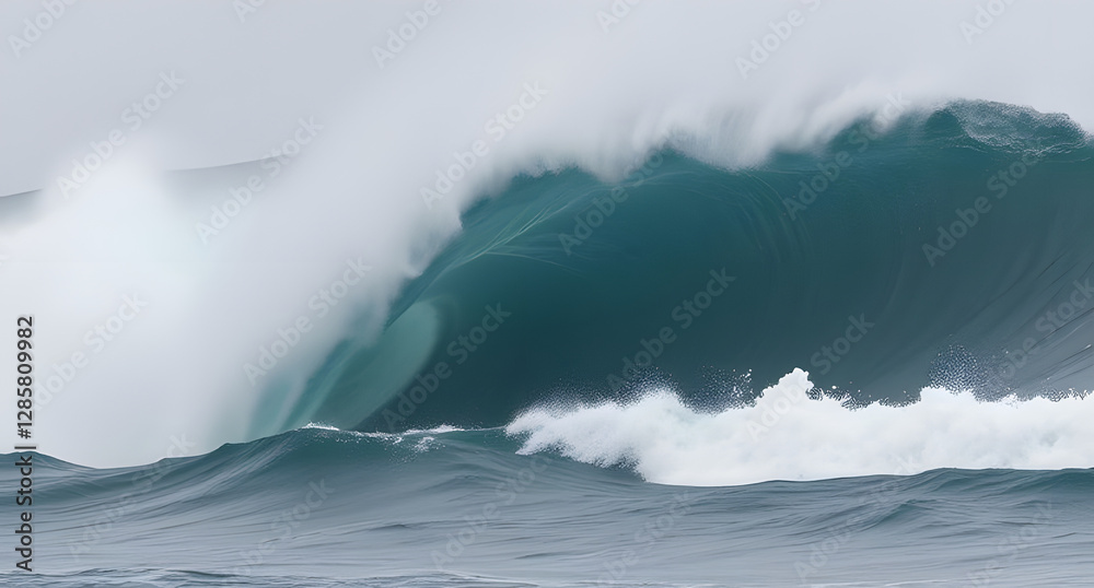 Massive tidal wave crashing background. Towering water wall curling toward land Massive tidal wave crashing background. Towering water wall curling toward land