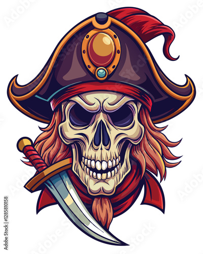 A weathered pirate skull, grinning, wears a tattered, three-cornered hat; detailed, dark, dramatic lighting.