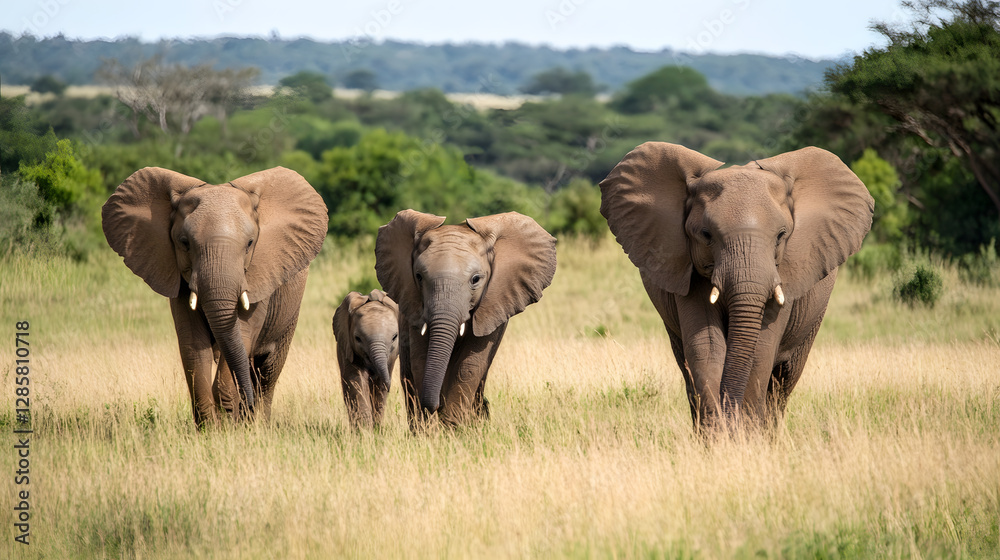 Fototapeta premium Majestic Herd of Elephants Grazing on the African Savanna : Generative AI