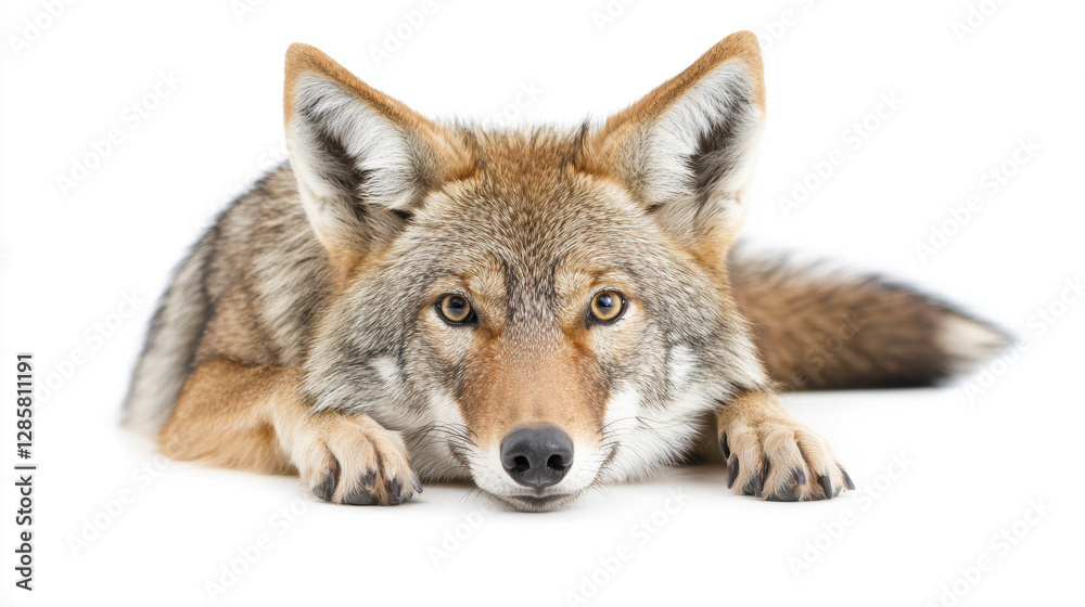 close up of resting coyote with sharp features and focused gaze, showcasing its beautiful fur and keen expression close up of resting coyote with sharp features and focused gaze, showcasing its beautiful fur and keen expression