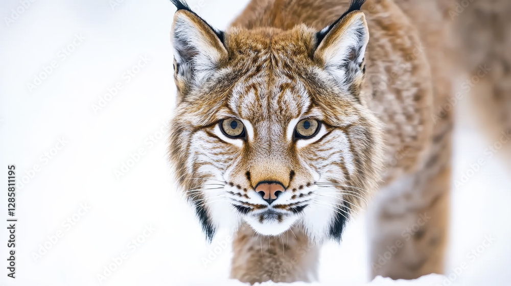 Lynx walking through snow, showcasing its striking features and intense gaze Lynx walking through snow, showcasing its striking features and intense gaze