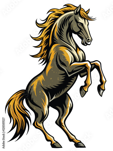 A powerful stallion rearing dramatically, showcasing muscular definition; bold, thick black ink line art style.