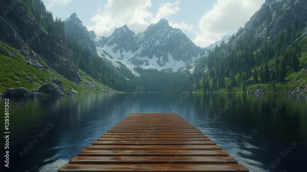Mountain lake dock, peaceful alpine scenery Mountain lake dock, peaceful alpine scenery