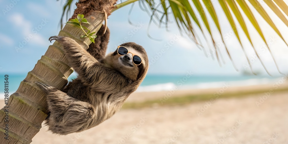Sloth with Sunglasses Relaxing on a Palm Tree by the Beach Sloth with Sunglasses Relaxing on a Palm Tree by the Beach