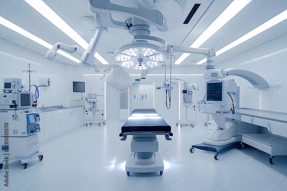 Modern surgical operating room equipped with advanced medical technology and bright lighting Modern surgical operating room equipped with advanced medical technology and bright lighting