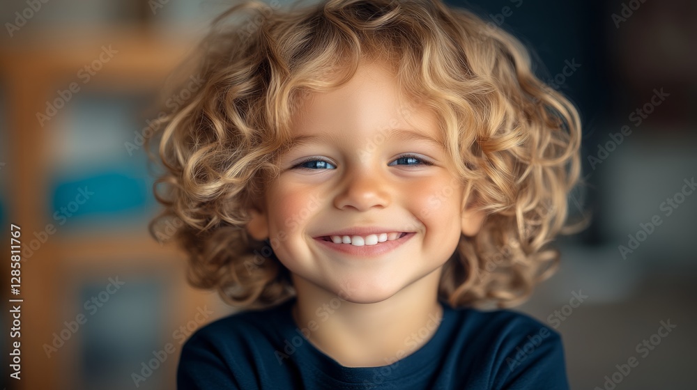 Young child with curly hair is smiling and looking at the camera. The child is wearing a blue shirt and he is happy Young child with curly hair is smiling and looking at the camera. The child is wearing a blue shirt and he is happy