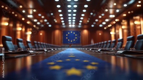 European Union conference room featuring flags and a formal setup