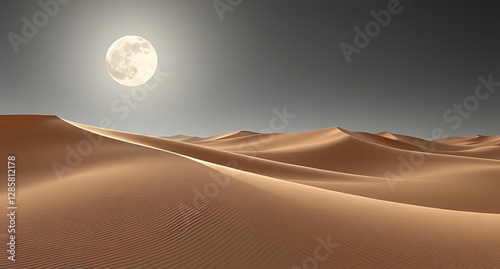 Fototapeta Naklejka Na Ścianę i Meble -  Moonlit desert dunes background. Smooth wind-shaped sand under a silver sky
