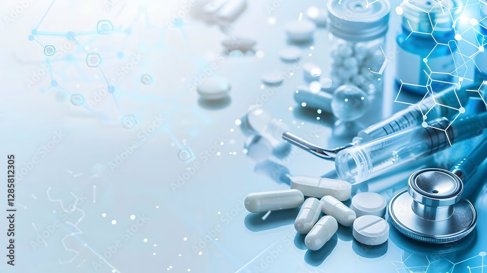 Medical supplies and pharmaceuticals arranged on a reflective surface with a scientific background Medical supplies and pharmaceuticals arranged on a reflective surface with a scientific background