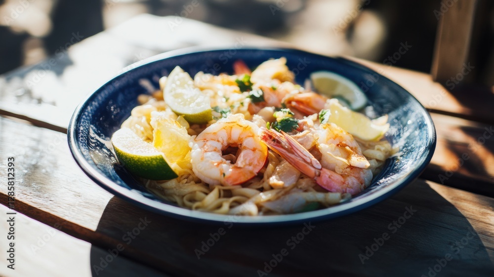 Colorful plate of pancit with shrimp, chicken, and crisp vegetables garnished with calamansi wedges ready for a delicious meal Colorful plate of pancit with shrimp, chicken, and crisp vegetables garnished with calamansi wedges ready for a delicious meal