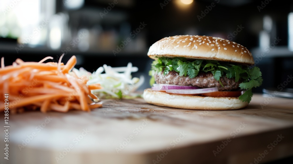 Fusion inspired pho burger with juicy beef patty, pickled vegetables, and fresh herbs served in a toasted brioche bun Fusion inspired pho burger with juicy beef patty, pickled vegetables, and fresh herbs served in a toasted brioche bun