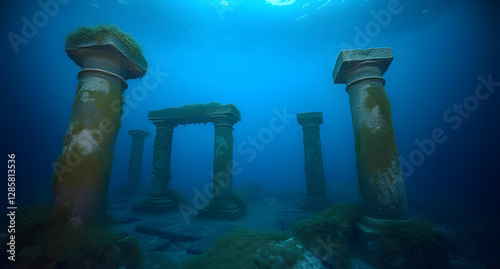Underwater submerged ruins background. Ancient stone pillars covered in seaweed, deep blue ambiance