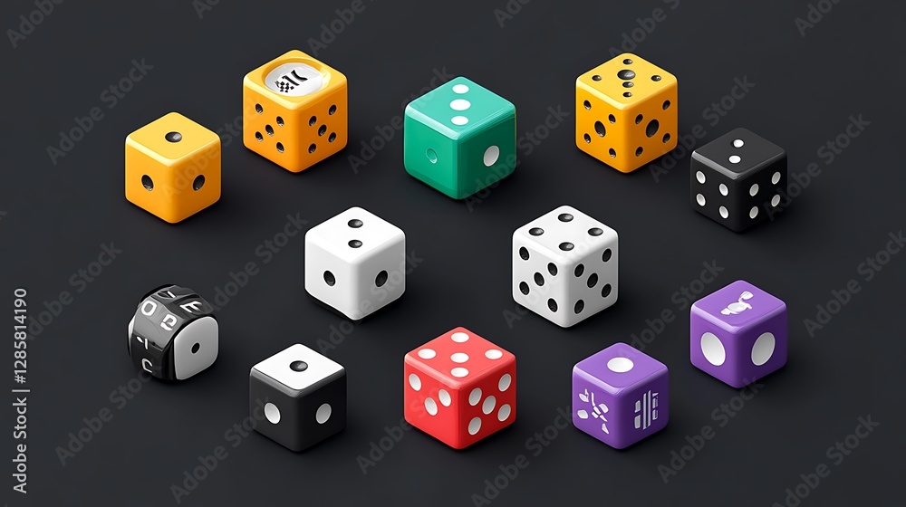 Colorful Dice Set: A 3D Render of Gaming Cubes on Dark Background AI Generated Colorful Dice Set: A 3D Render of Gaming Cubes on Dark Background AI Generated