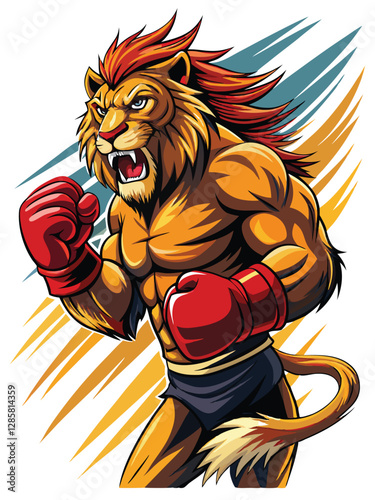 A majestic lion, mane fiercely flowing, wearing a large boxing glove, delivers a powerful mid-punch.  The expression is one of intense focus and raw power.